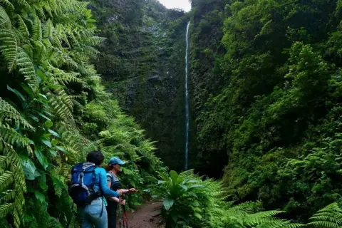 Dwie turystki podziwiają wodospad na szlaku Levada do Caldeirão Verde, otoczone bujną zielenią paproci.
