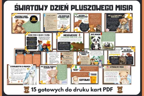 Kolaż grafik z pluszowymi misiami, niedźwiedziami i pandą, ilustrujący różne aspekty ich historii i tworzenia.