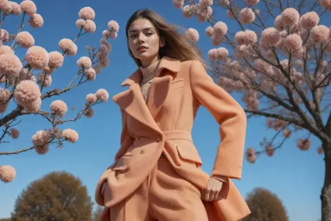 Kobieta w brzoskwiniowym płaszczu z wełny, idealnym na wiosnę. Tkanina na płaszcze prezentuje się lekko i elegancko na tle kwitnących drzew.