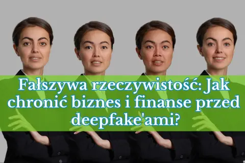 Cztery identyczne kobiety w garniturach. Tekst: "Fałszywa rzeczywistość: Jak chronić biznes i finanse przed deepfake'ami?".