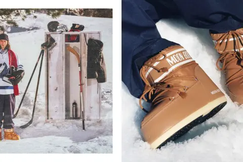 Giovane giocatore di hockey con un completo da hockey e stivali Moon Boot dorati, pronto per il ghiaccio.
