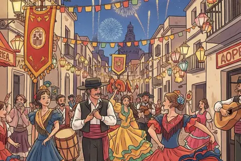 Gente celebra las fiestas mayores en una calle adornada con farolillos y fuegos artificiales. Bailarines y músicos animan la noche.