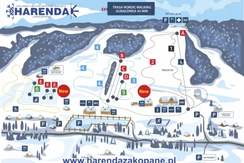 Mapa ośrodka narciarskiego Harendy w Zakopanem. Widoczne trasy narciarskie, wyciągi, punkty gastronomiczne, parkingi i wypożyczalnie sprzętu.