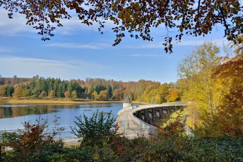 Herbstlicher Spaziergang auf dem panzertalsperre rundweg. Bunte Blätter und ein klarer Himmel über dem Stausee.