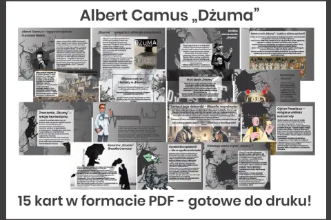 Kolaż grafik i fragmentów tekstu o "Dżumie" Alberta Camusa.