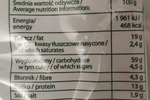 Tabela wartości odżywczych dla 100g produktu: energia, tłuszcz, węglowodany, błonnik, białko, sól.