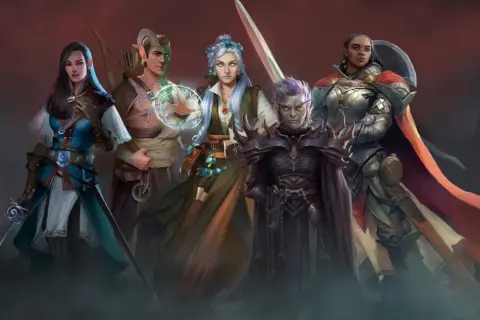 Pięć postaci z gry RPG na PC: elfka, łucznik, czarodziejka, mroczny wojownik i rycerka.