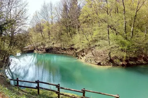 Le lac bleu d'Amberieu, une eau turquoise limpide bordée d'arbres verdoyants et d'un pont en bois.