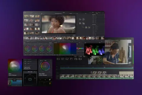 DaVinci Resolve vs Studio: A split screen showcasing DaVinci Resolve's editing interface, color grading tools like the Color Warper and HDR Color Wheels, and visual effects.