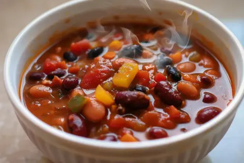 En ångande skål med en mustig vegetarisk gryta, full av bönor och grönsaker. Perfekt för en kall dag.