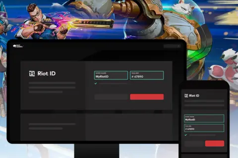 Postacie z gier Riot Games na tle ekranów z interfejsem Riot ID.
