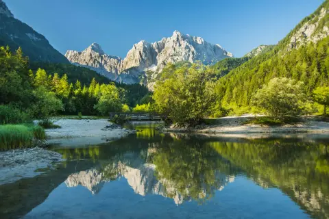 En vacker vy för att vandra i Slovenien. En spegelblank sjö reflekterar berg och skog. En bro leder över vattnet.