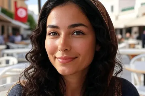 Jeune femme souriante, portant un foulard, avec un drapeau tunisien en arrière-plan. Elle pourrait porter un nom de famille tunisien.