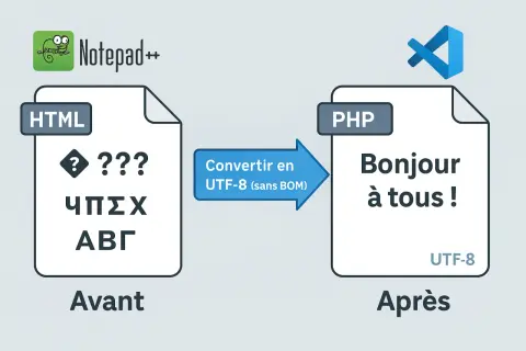 Avant : caractères illisibles dans un fichier HTML. Après : "Bonjour à tous !" dans un fichier PHP, converti en UTF-8. Comparez la date PHP.