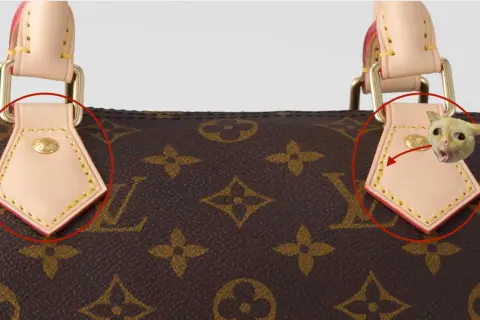 Gros plan sur le **cuir Louis Vuitton** d'un sac, avec un chaton surpris qui regarde par-dessus.