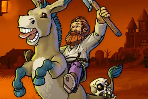 Zabawny osioł z czaszką na ogonie i brodaty mężczyzna z siekierą, jakby z gry Graveyard Keeper poradnik.