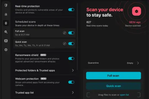 Interfejs programu antywirusowego. Widoczne opcje: "Real-time protection", "Scheduled scans", "Full scan", "Quick scan", "Ransomware shield". Po prawej stronie przycisk "Scan your device to stay safe", "Full scan", "Quick scan". Pomaga to sprawdzić, ja...