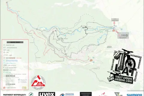Mapa tras rowerowych w Srebrnej Górze. Oznaczono tu liczne szlaki, w tym "Conditor Line", "Dreamworkers" i "Shimano".