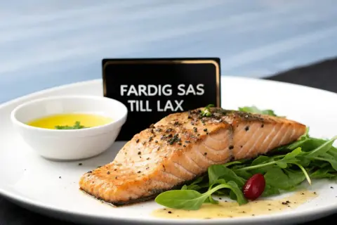 En perfekt tillagad laxfilé serveras med en skål med gyllene sås till lax, gröna blad och en rödbär.