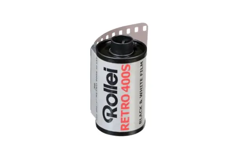 A roll of Rollei Retro 400S black & white film, ready to capture timeless moments.