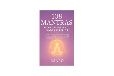 Portada de libro "108 Mantras para Despertar Tu Poder Interior", con una figura humana meditando rodeada de luz. Descubre los mantras mas poderosos.