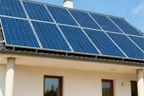 Panele fotowoltaiczne na dachu białego domu. Czy fotowoltaika się opłaca? Słońce świeci, produkując czystą energię.