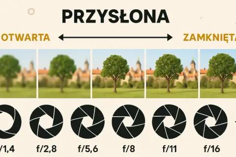 Ilustracja pokazuje, jak preselekcja przysłony wpływa na głębię ostrości. Od otwartej (f/1,4) do zamkniętej (f/16), tło staje się coraz bardziej ostre.