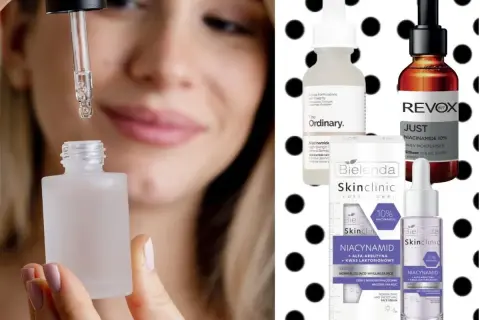 Kobieta aplikuje serum z niacynobazą 25. Na drugim planie kosmetyki z niacynamidem.
