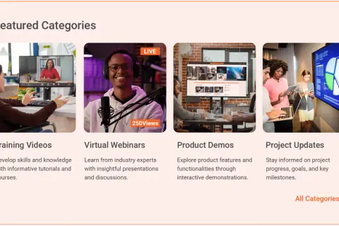 Featured categories include training videos, virtual webinars, product demos, and project updates, all managed by a video library manager.
