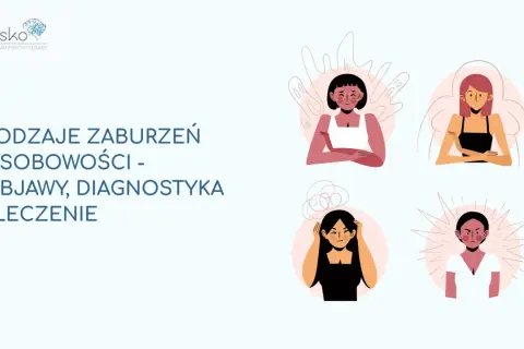 Ilustracje przedstawiają cztery kobiety z różnymi wyrazami twarzy, symbolizujące dsm 5 zaburzenia osobowości: objawy, diagnostyka i leczenie.