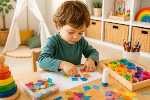 Niño de 3 años creando arte con papelitos de colores. Divertidas actividades para niños de 3 años, fomentando la creatividad y motricidad fina.