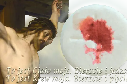 Obraz przedstawia ukrzyżowanego Jezusa i opłatek z krwią, symbolizujące czym jest eucharystia: Jego Ciało i Krew.