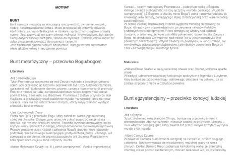 Motyw buntu w literaturze: Prometeusz, Kochanowski, Mickiewicz, Blake, Camus – historie niezgody i walki z losem.