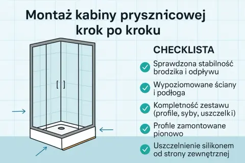Ilustracja przedstawia montaż kabiny prysznicowej krok po kroku. Widoczna jest gotowa kabina z drzwiczkami oraz lista kontrolna z etapami instalacji.