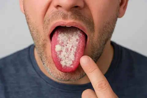 Lingua con placche bianche, sintomo di candida orale. Si cercano rimedi efficaci per alleviare il disturbo.