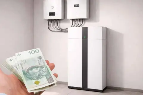 Inwestycja w mój prąd magazyn energii to oszczędność. Stos pieniędzy w dłoni obok nowoczesnego magazynu energii i falowników.