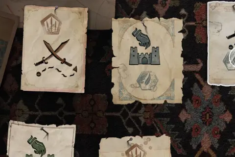 Fragmenty map z symbolami i wskazówkami do zagadek w Assassin's Creed Mirage.