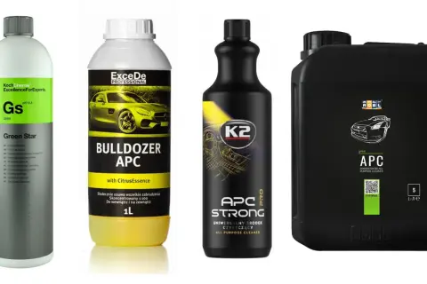 Cztery butelki i kanister z APC do plastiku i innych powierzchni. Koch Chemie Green Star, ExceDe Bulldozer APC, K2 APC Strong, ADBL APC.