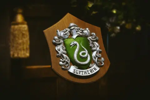 Herb Hogwartu, herb Slytherinu z zieloną tarczą i srebrnym wężem, dumnie prezentuje swoje barwy.
