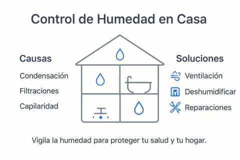 Diagrama de casa con causas (condensación, filtraciones, capilaridad) y soluciones (ventilación, deshumidificar, reparaciones) para el tratamiento de humedades en viviendas.