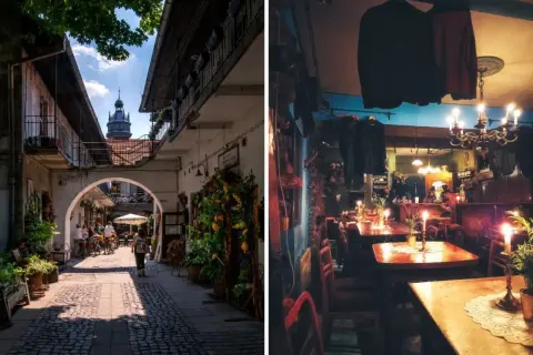 Kraków: urokliwa uliczka z kawiarnią i klimatyczny pub z kameralną atmosferą, idealne kraków atrakcje dla dorosłych.