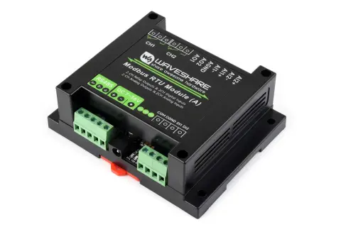 Moduł Waveshare z interfejsem RS485, obsługujący protokół Modbus RTU. Posiada 2 wyjścia przekaźnikowe, 2 wejścia cyfrowe, 2 wyjścia analogowe i 2 wejścia analogowe.