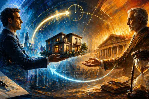 Due uomini si scambiano una casa, simboleggiando una vendita casa con riscatto. Un orologio e una clessidra indicano il tempo.
