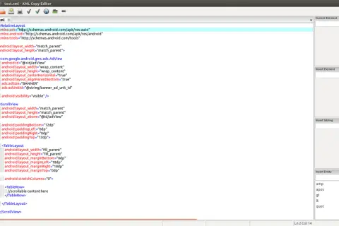 Edytor kodu XML pokazuje, jak otworzyć plik XML z kodem Android Layout. Widoczne są tagi takie jak RelativeLayout, ScrollView i TableLayout.