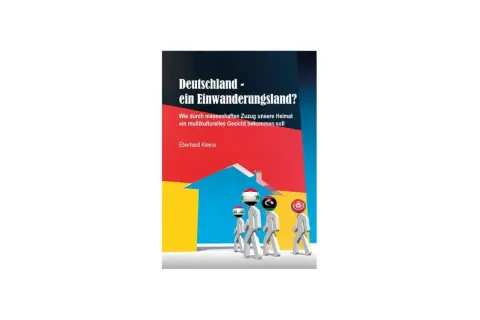 Buchcover "Deutschland - ein Einwanderungsland?". Zeigt Figuren mit Flaggenköpfen, die auf ein Haus zulaufen.