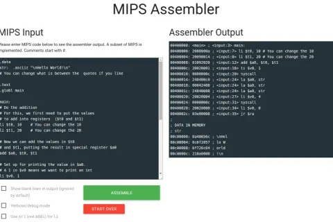 Interfejs MIPS Assembler z polem na kod i jego przetworzeniem. Widoczny jest kod w języku skryptowym MIPS i jego wynik.
