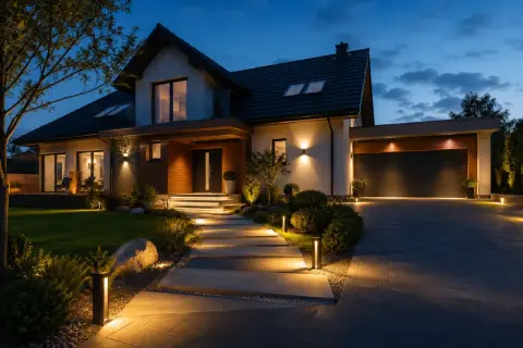 Nowoczesny dom z oświetleniem ip44 na zewnątrz. Podświetlana ścieżka prowadzi do drzwi, a lampy podkreślają architekturę i ogród.