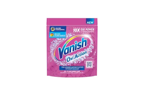 Opakowanie Vanish Oxi Action z różowym wzorem, bąbelkami i napisem "10X Oxi Power".
