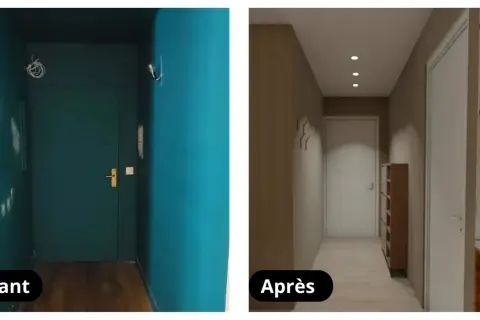 Avant/Après : un couloir étroit transformé. Le mur bleu vif laisse place à des tons neutres et apaisants, avec un éclairage moderne.