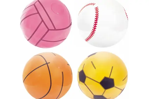 Cztery dmuchane piłki: różowa siatkarska, biała baseballowa, pomarańczowa do koszykówki i żółta piłka nożna.